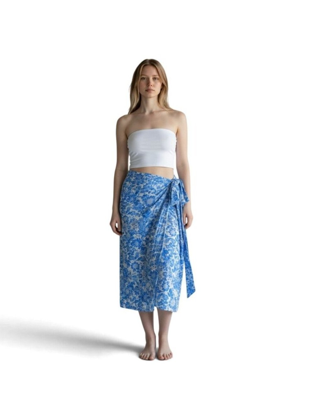 J.Crew Women's Coverup Skirt M Blue Draped Sarong Floral Smocked Waist Wrap Tie